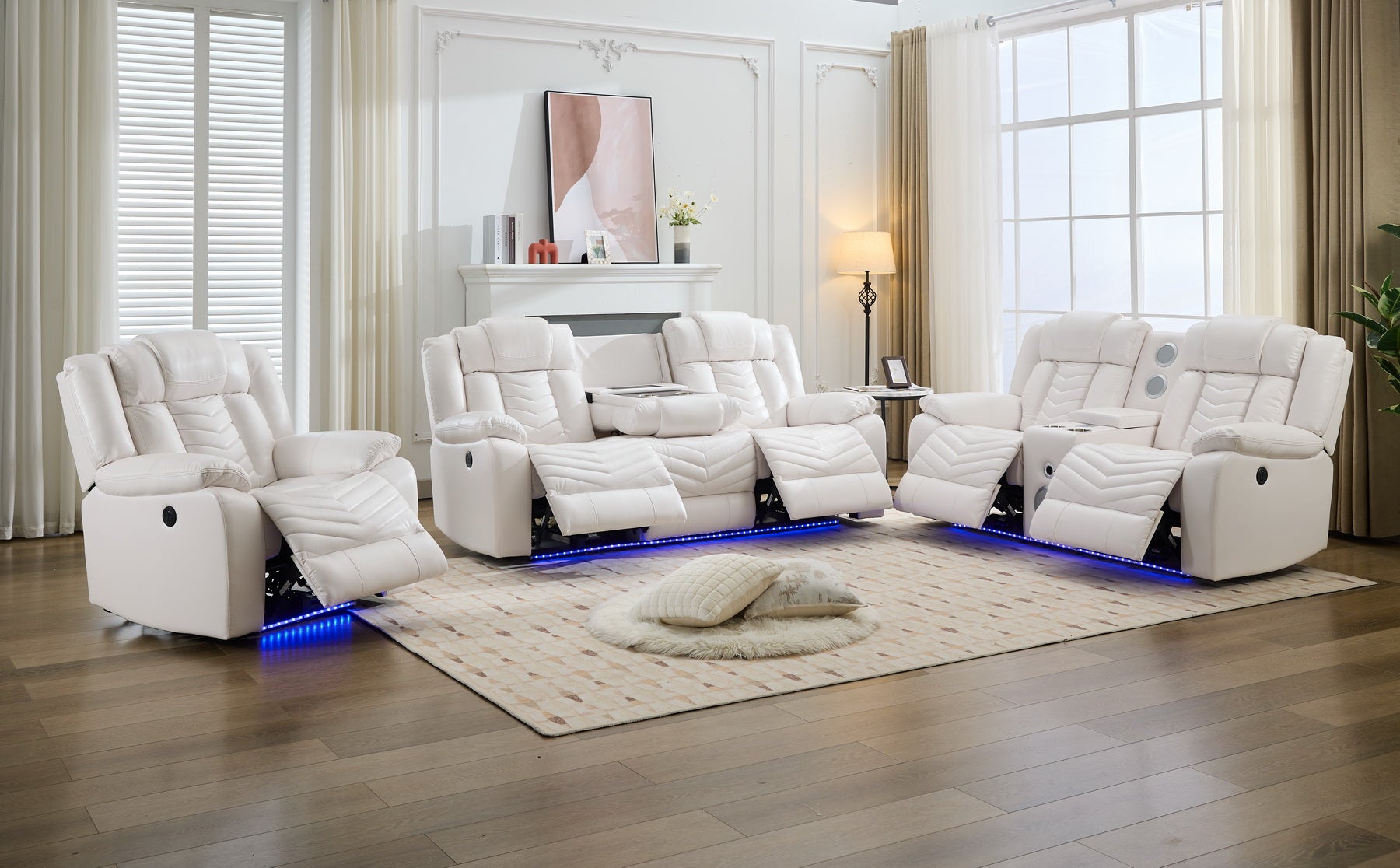 Power Reclining Sofa Set, 3-Piece Tech Leather Loveseat with Wireless Charger and LED Strip for Living Room, White Color