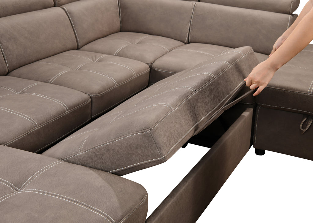 U-Shaped 128" Reversible Sectional Sofa Set with Ottoman, 7-Seater Modular Couch with Storage, Adjustable Headrest, Brown