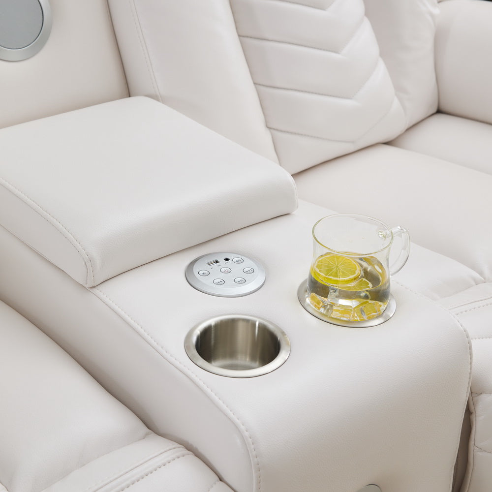 Power Reclining Sofa Set, 3-Piece Tech Leather Loveseat with Wireless Charger and LED Strip for Living Room, White Color