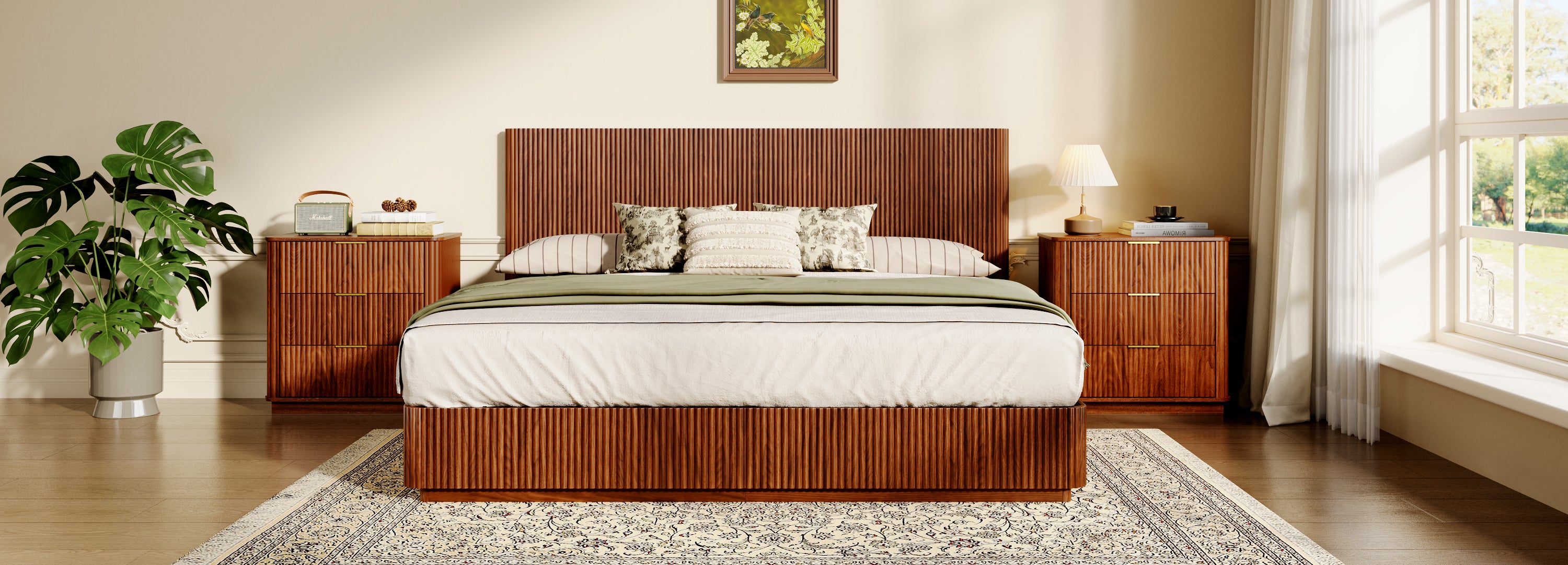 Kind Size Bed Frame with LED Lights, Modern Wooden Corrugated Curved Lines, Convex Groove Board Design, Walnut.