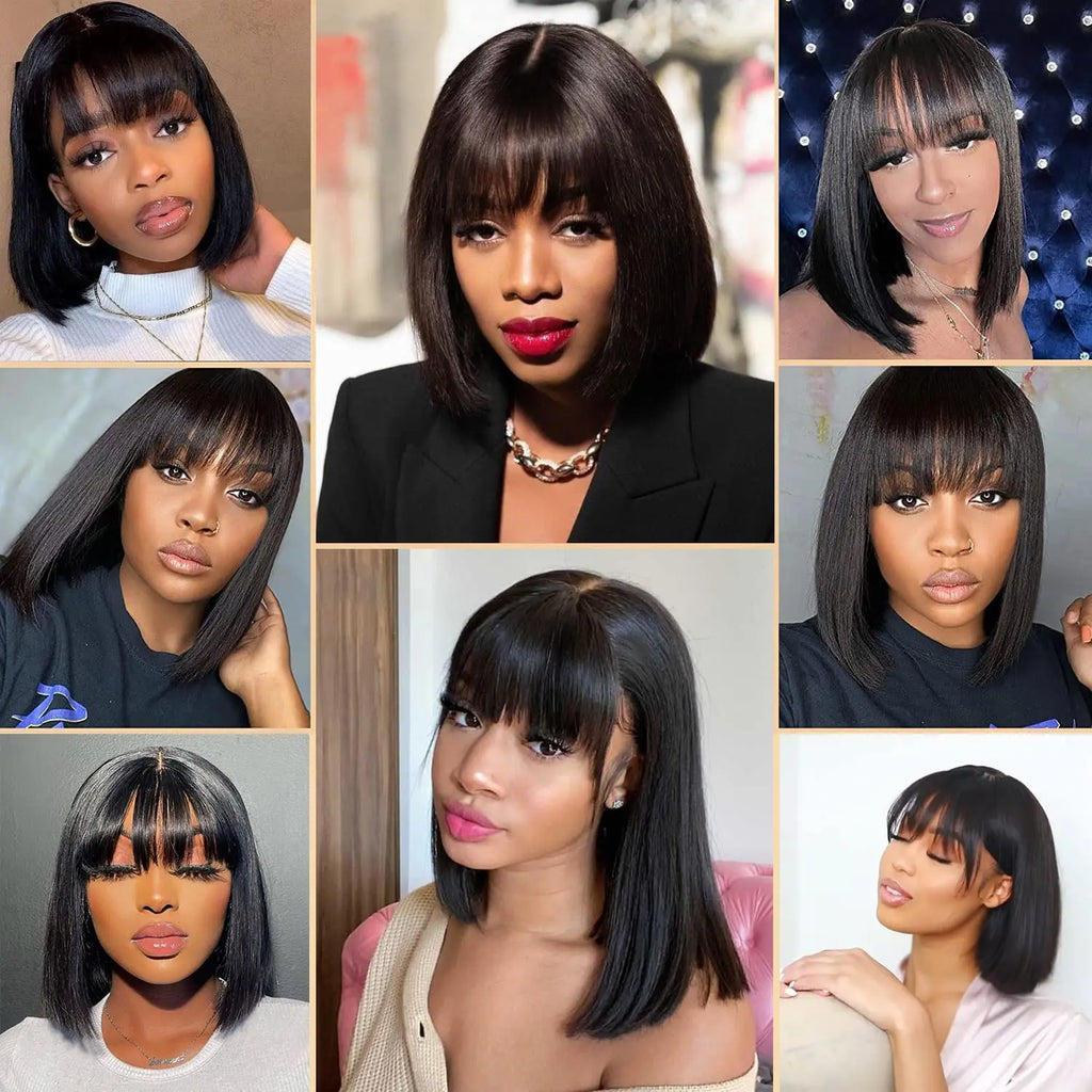 10-16 Inch Full Machine Made Wig With Bangs Remy Straight Hair Short Bob Wigs  Brazilian Human Hair No Lace Glueless Bob Wigs