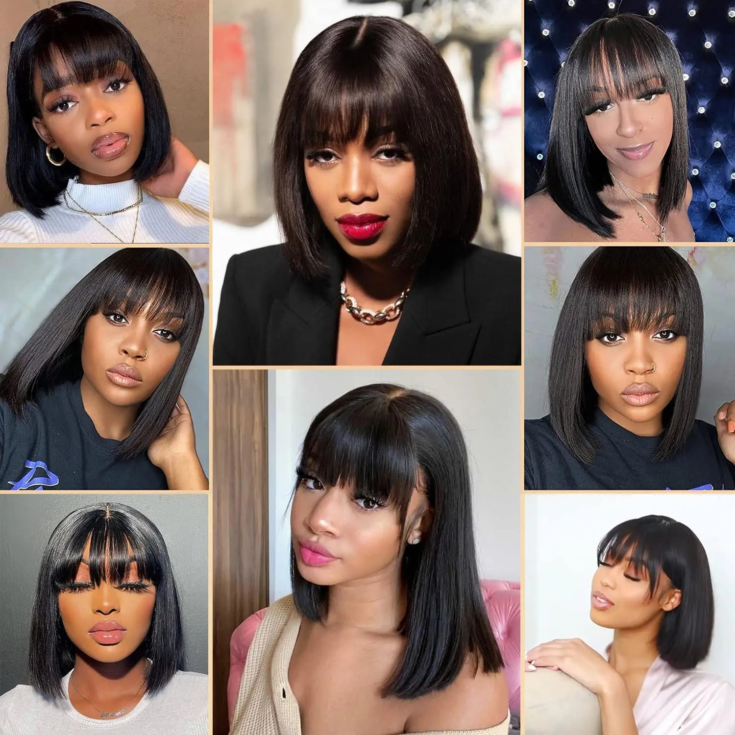 10-16 Inch Full Machine Made Wig With Bangs Remy Straight Hair Short Bob Wigs  Brazilian Human Hair No Lace Glueless Bob Wigs