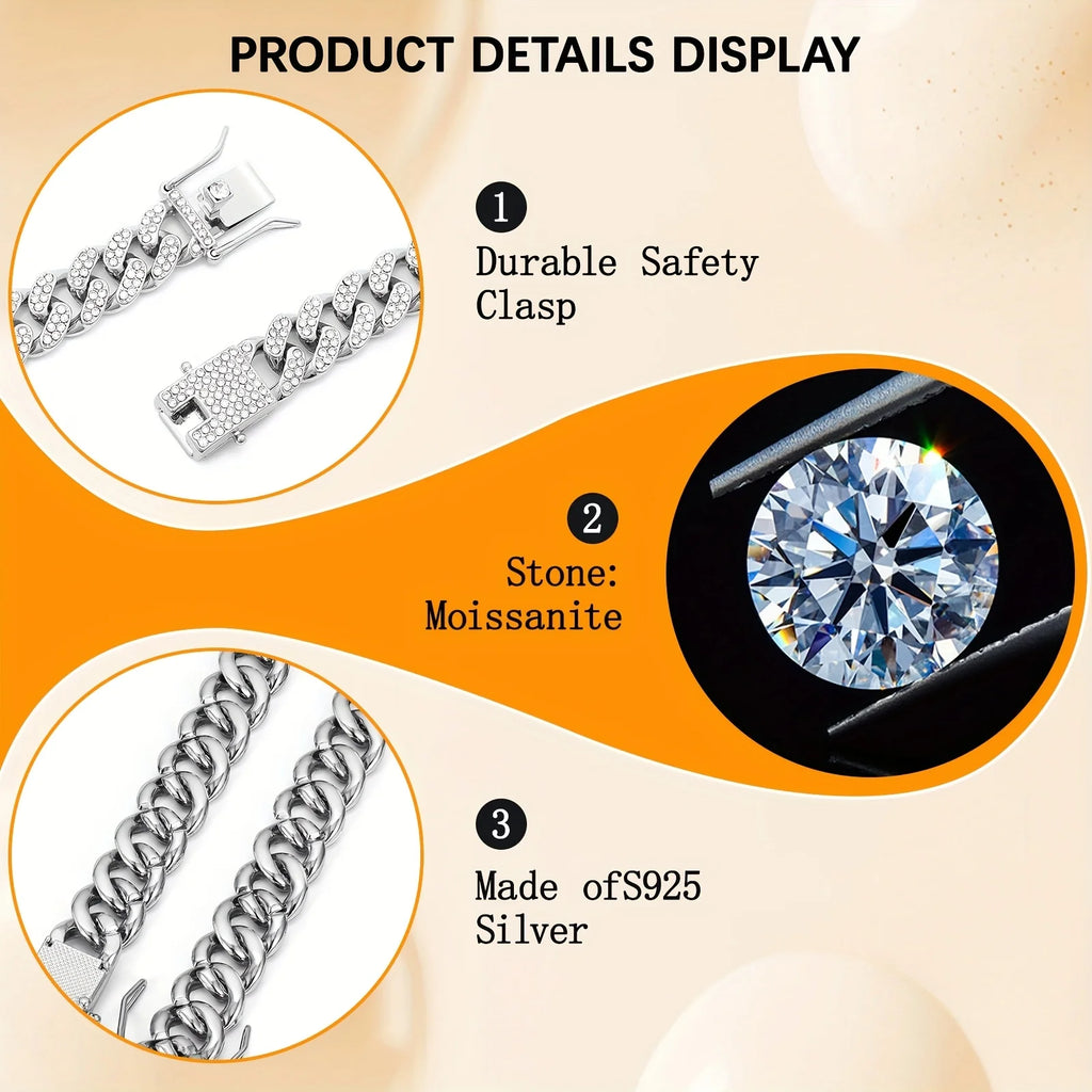 925 Silvery Bling Cuban Link Chain - Secure Pave-Set Bright Cut Moissanite, Trap Music-Inspired Hip Hop Rap, Couples Accessory
