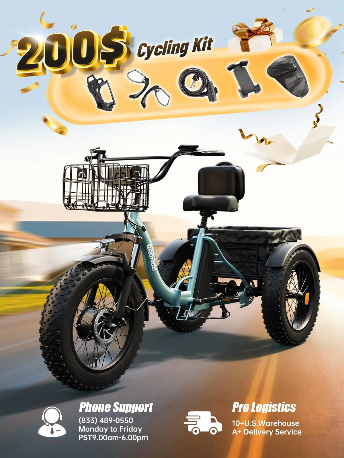 QRONGE Lava Electric Tricycle For Adults 960W Peak 36V 15AH Battery E-bike 50 Miles Range With Large Rear Basket Electric Trike