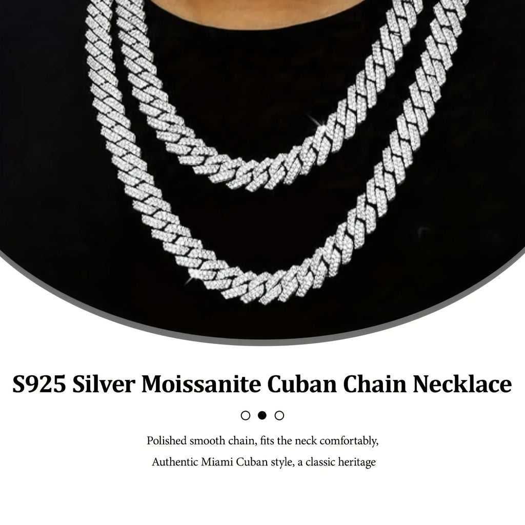 925 Silvery Bling Cuban Link Chain - Secure Pave-Set Bright Cut Moissanite, Trap Music-Inspired Hip Hop Rap, Couples Accessory