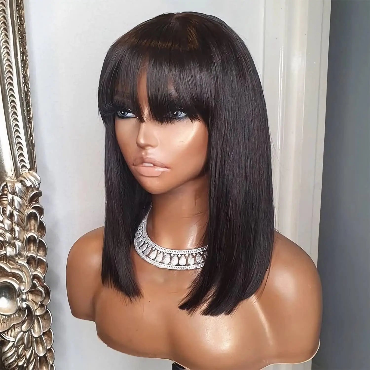 10-16 Inch Full Machine Made Wig With Bangs Remy Straight Hair Short Bob Wigs  Brazilian Human Hair No Lace Glueless Bob Wigs
