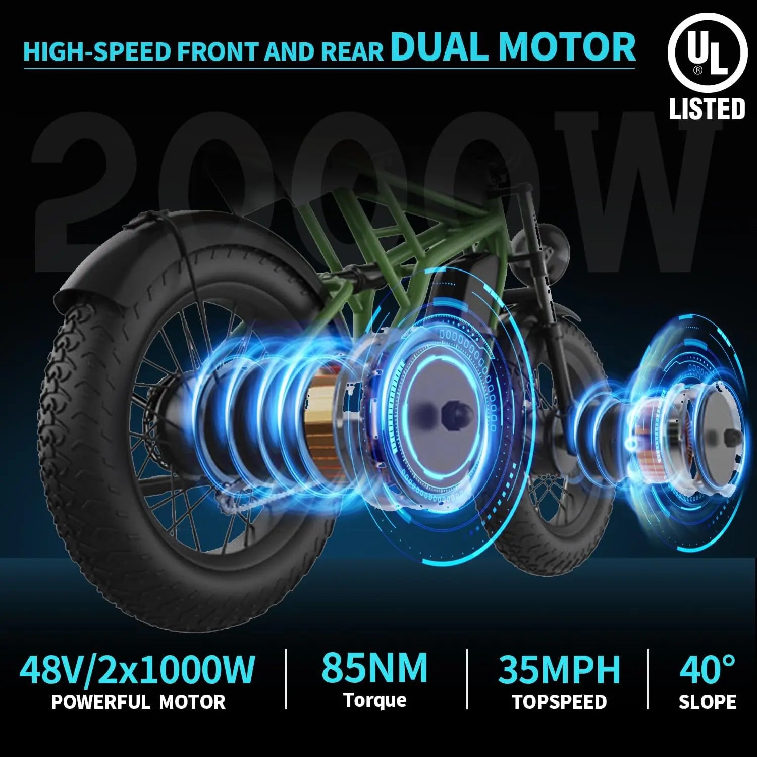 Freego F3 Pro Electric Dirt Bike 2000W Dual Motor 40AH Dual Hydraulic Brake Suspension 20x4 Fat Tires Off Road Electric Bike