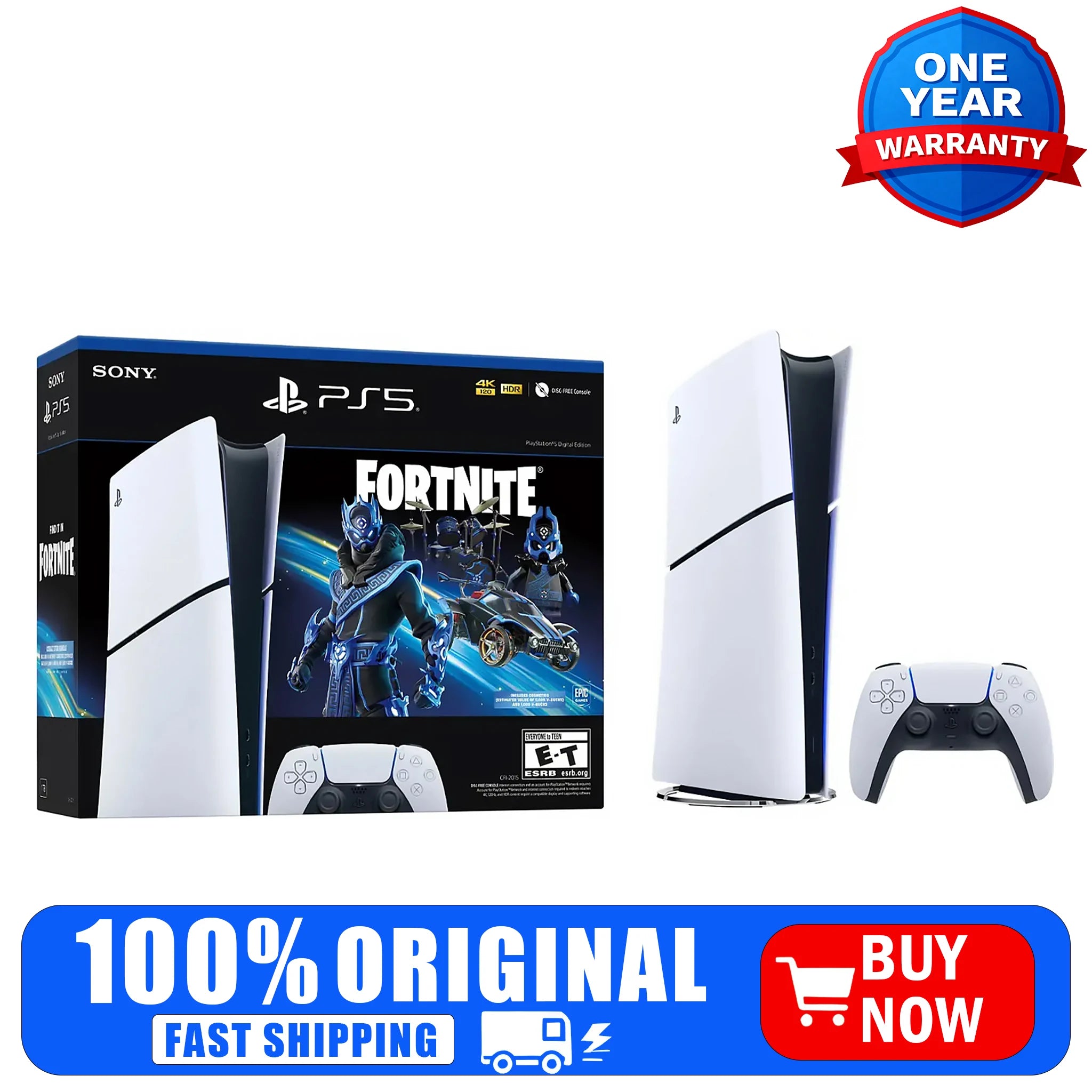 Sony PlayStation 5 Digital Edition Console Fortnite Cobalt Star Bundle, 825GB, White