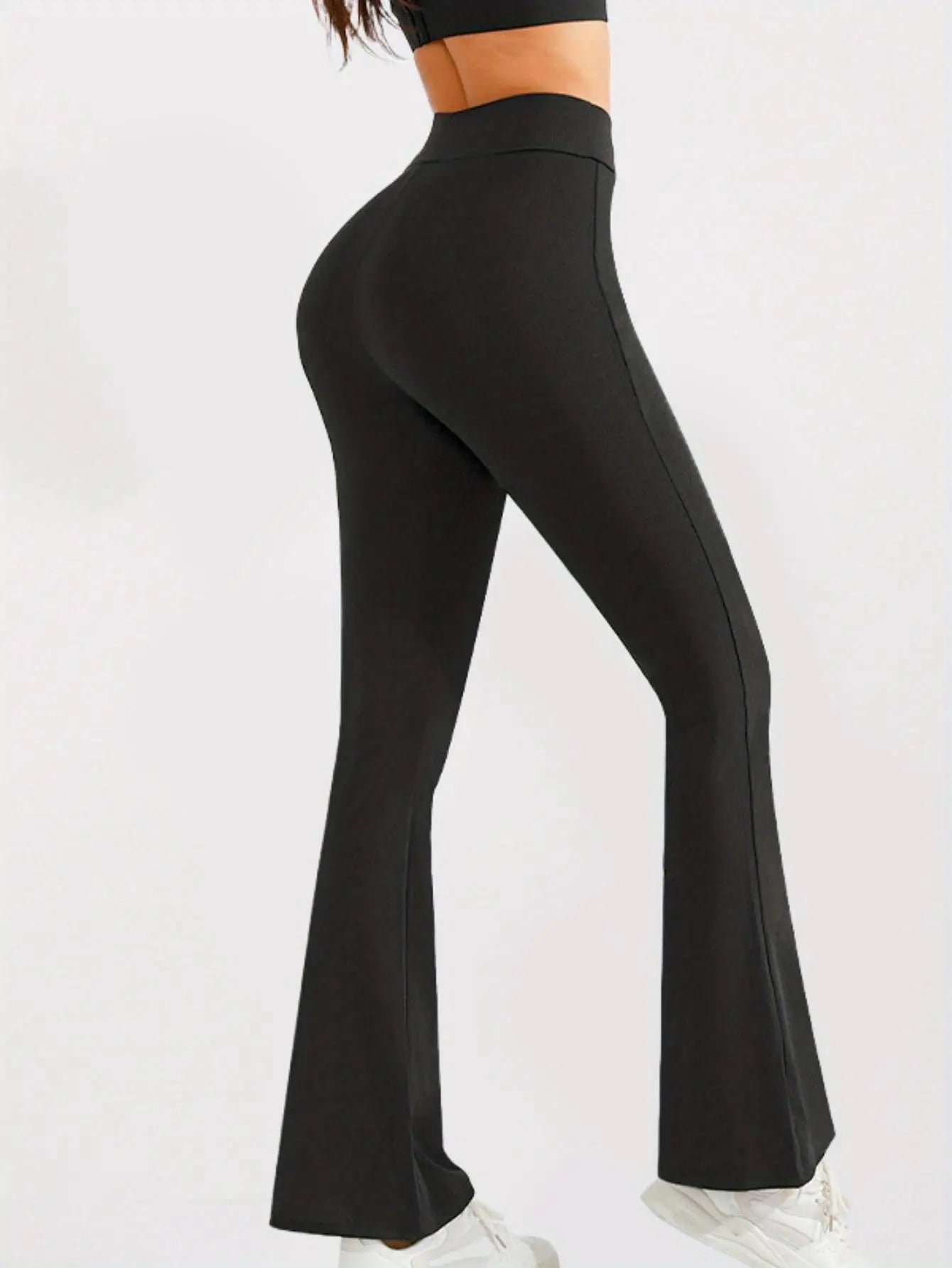 Women's High-Waisted Fleece-Lined Flare Leg Pants - Solid Color Quick-Dry Knit Trousers with Side Pockets, High Stretch