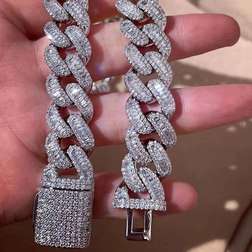 15mm Zircon Cuban Link Chain Iced Out In hand-set Simulated Diamond Stones Bling Miami CZ Necklace Gift for Her/Him