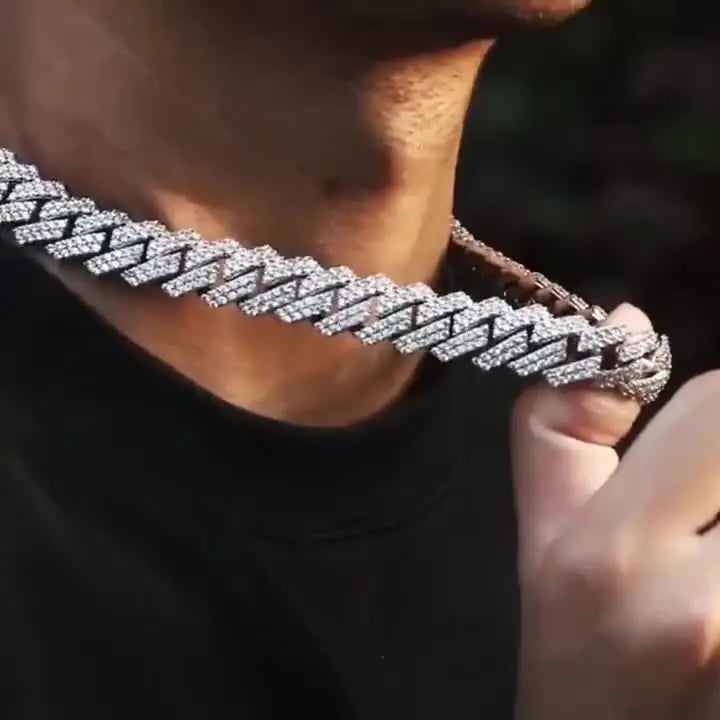 925 Silvery Bling Cuban Link Chain - Secure Pave-Set Bright Cut Moissanite, Trap Music-Inspired Hip Hop Rap, Couples Accessory