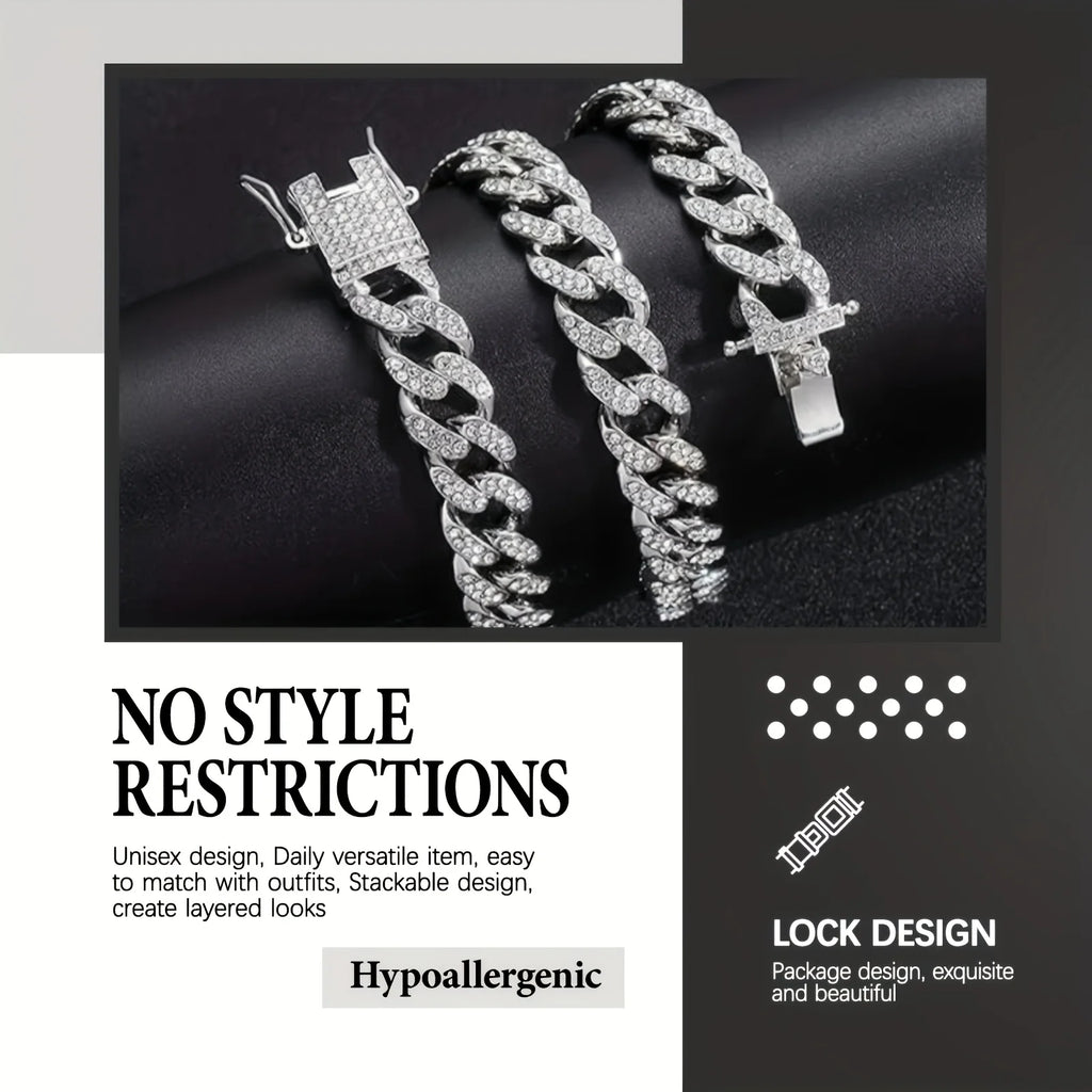 925 Silvery Bling Cuban Link Chain - Secure Pave-Set Bright Cut Moissanite, Trap Music-Inspired Hip Hop Rap, Couples Accessory