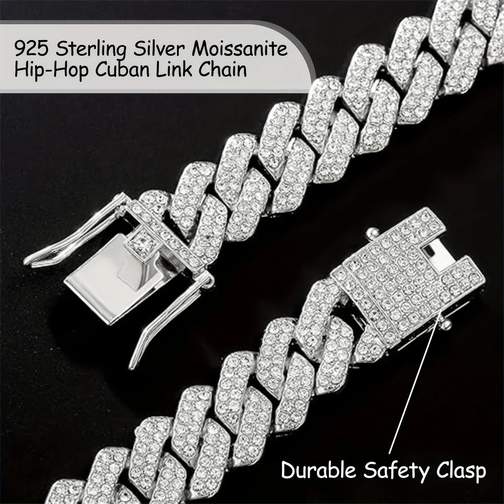 925 Silvery Bling Cuban Link Chain - Secure Pave-Set Bright Cut Moissanite, Trap Music-Inspired Hip Hop Rap, Couples Accessory