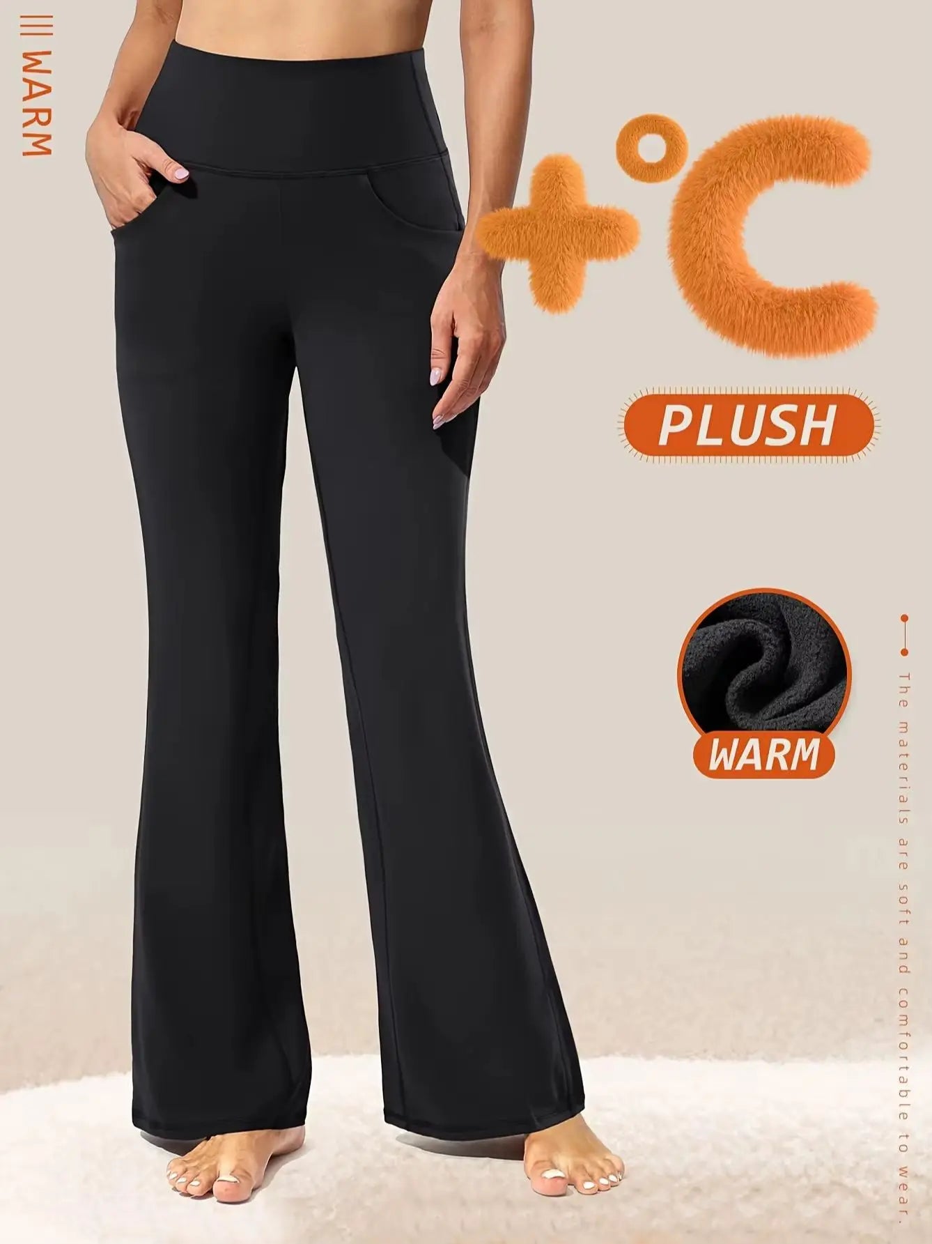 Women's High-Waisted Fleece-Lined Flare Leg Pants - Solid Color Quick-Dry Knit Trousers with Side Pockets, High Stretch