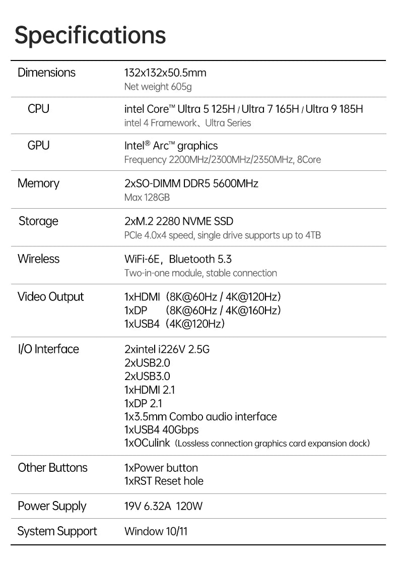 TOPC OCuLink Mini Gaming PC Intel Core (Ultra 9 285H ES/7 255H ES/5 235H ES) USB4, Dual 2.5G LAN,WiFi 6E, Windows 11 Desktop