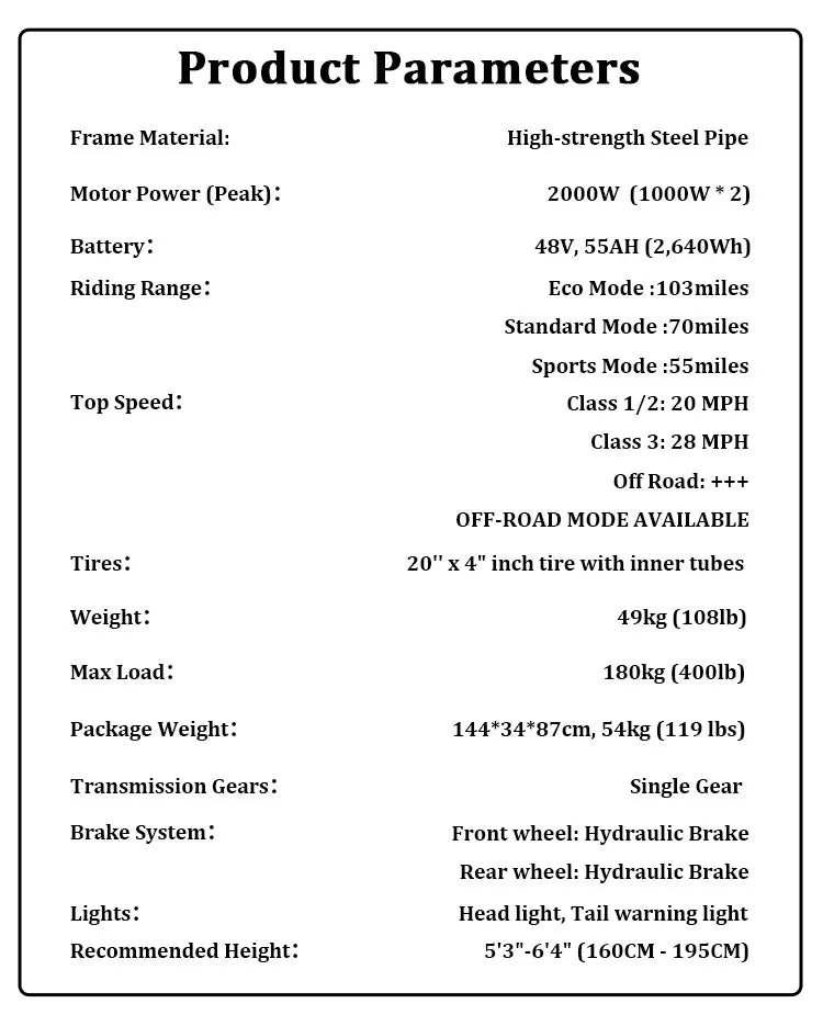Freego F3 Pro Electric Dirt Bike 2000W Dual Motor 40AH Dual Hydraulic Brake Suspension 20x4 Fat Tires Off Road Electric Bike