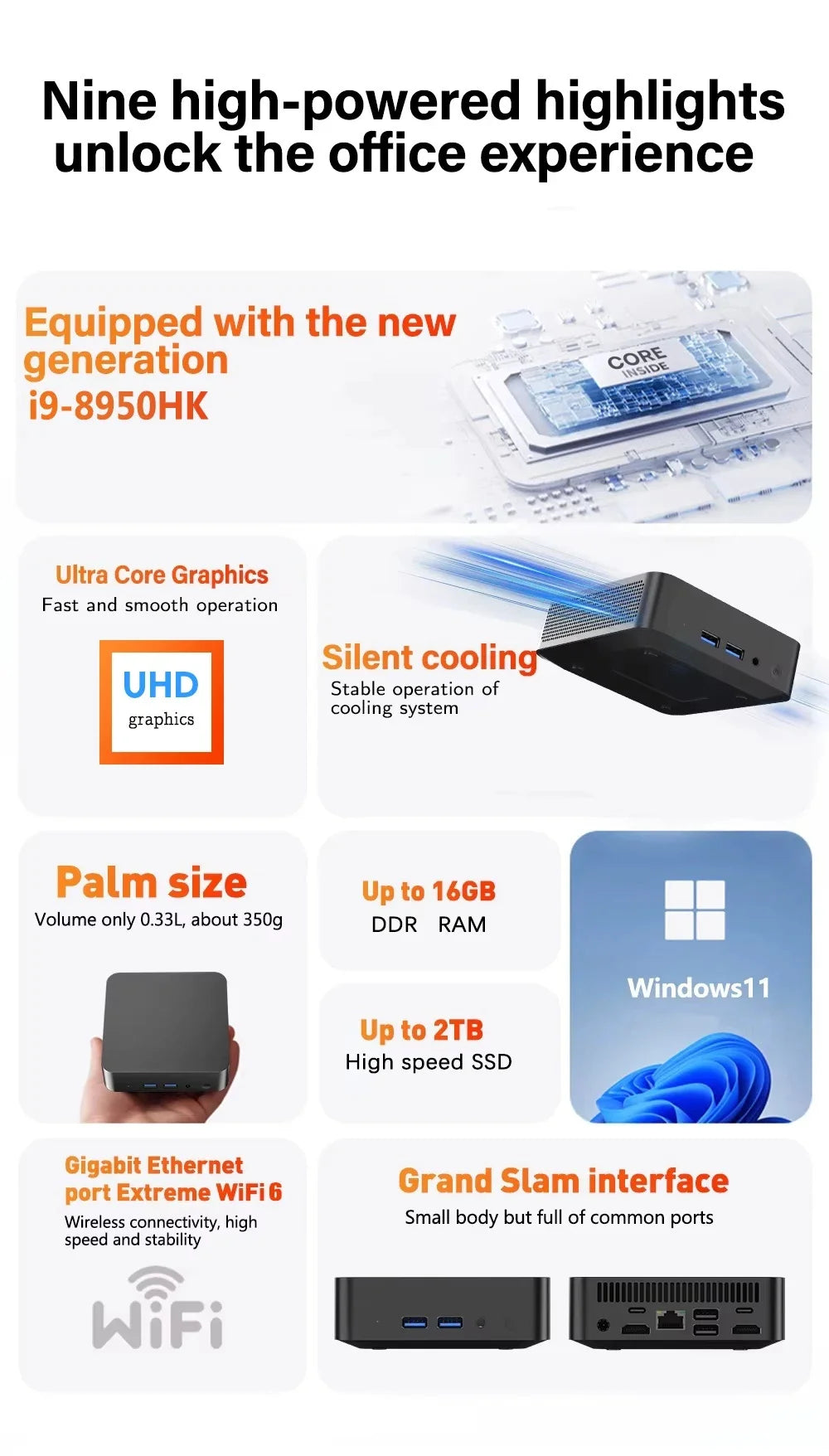 2026 Portable i9 Mini PC Computer Windows 11 Intel Core i9 8950HK 16GB 1TB Gaming Computer Dual-Band WiFi 6-Core Mini Desktop PC