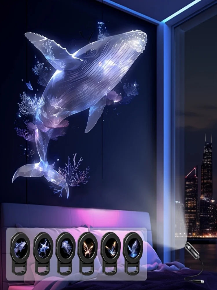 LED USB Projector Light 3/6pcs Projection Patterns- Adjustable Whale Butterfly Jellyfish Starfish Night Light Festival Gift