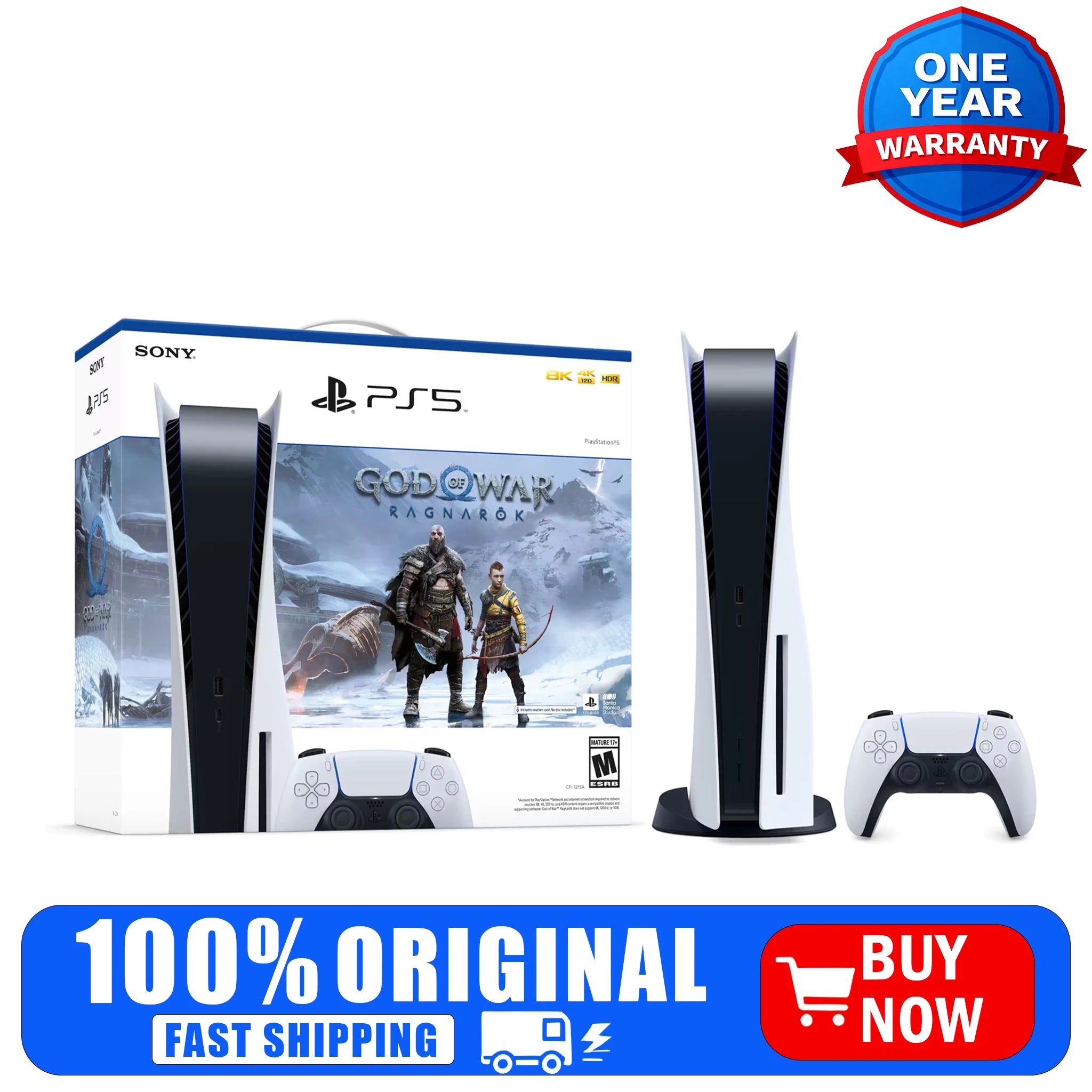 Sony PS5 Gaming Console Disc Edition, White, with God of War Ragnarök Included