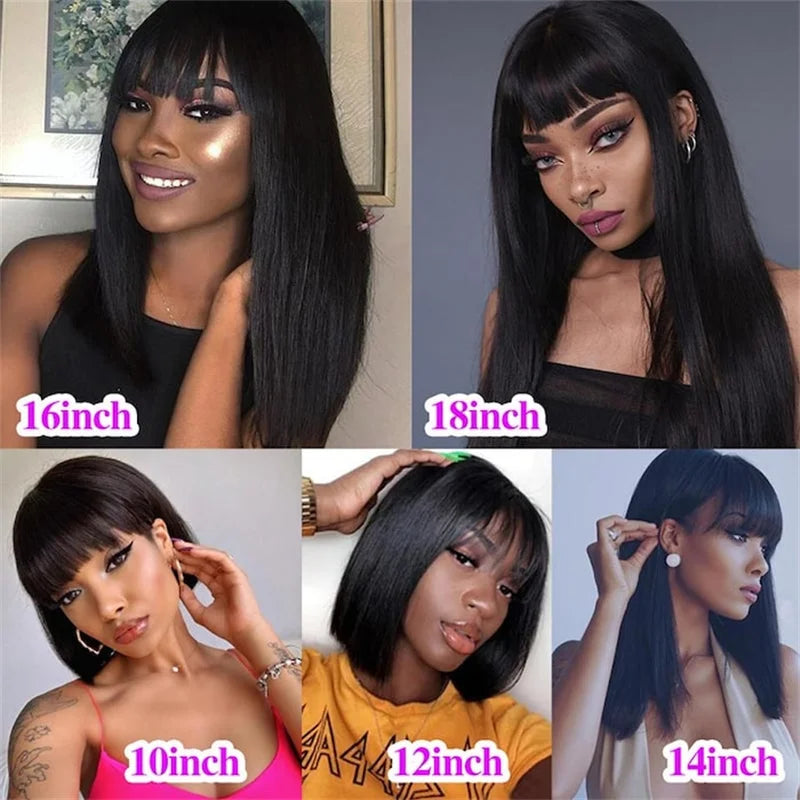 10-16 Inch Full Machine Made Wig With Bangs Remy Straight Hair Short Bob Wigs  Brazilian Human Hair No Lace Glueless Bob Wigs