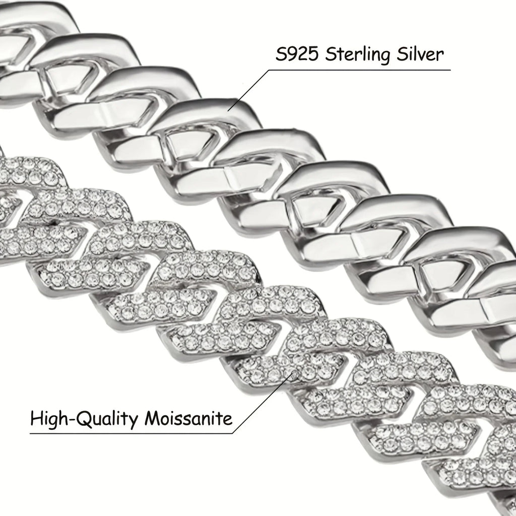 925 Silvery Bling Cuban Link Chain - Secure Pave-Set Bright Cut Moissanite, Trap Music-Inspired Hip Hop Rap, Couples Accessory