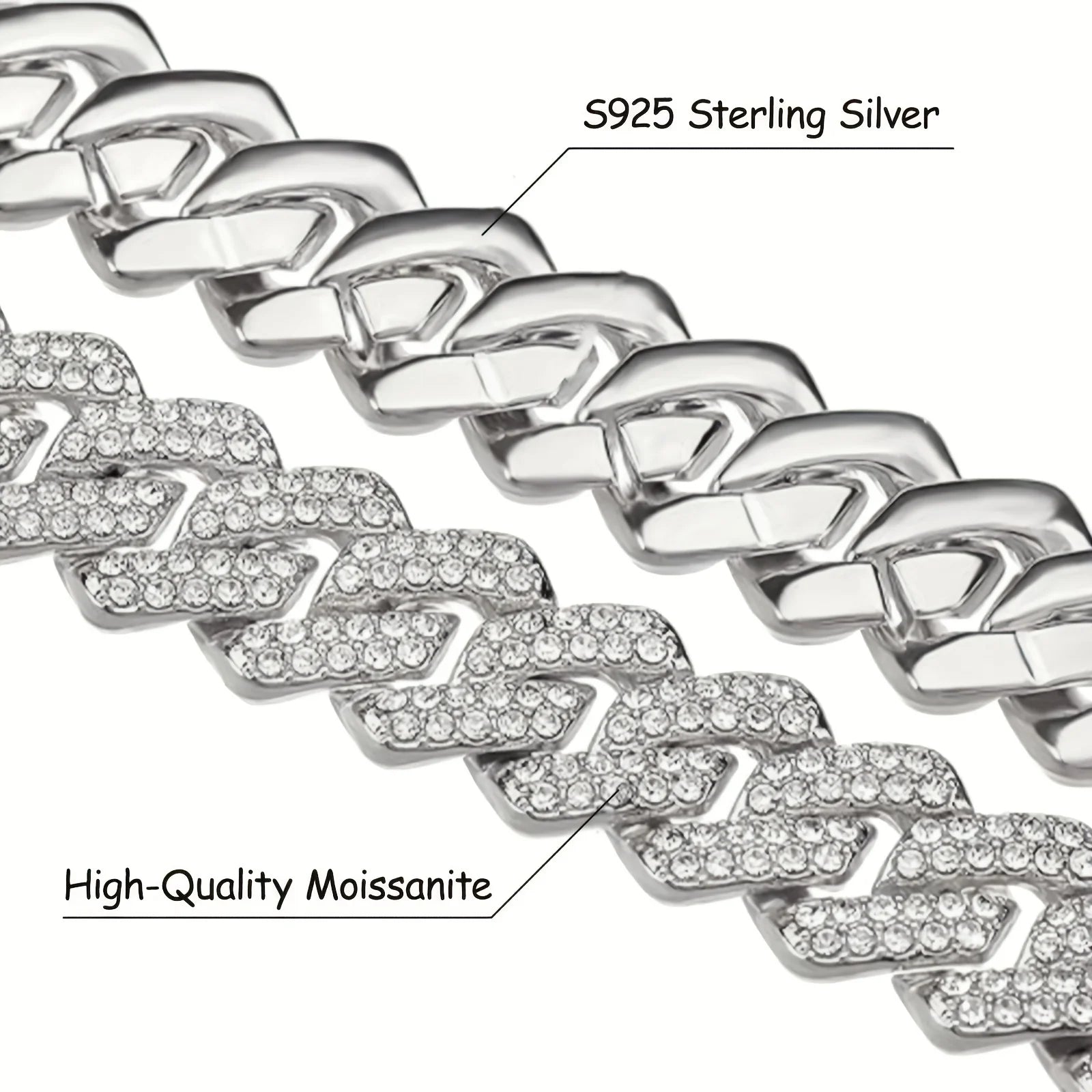 925 Silvery Bling Cuban Link Chain - Secure Pave-Set Bright Cut Moissanite, Trap Music-Inspired Hip Hop Rap, Couples Accessory