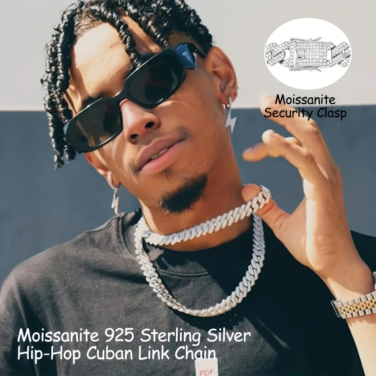 925 Silvery Bling Cuban Link Chain - Secure Pave-Set Bright Cut Moissanite, Trap Music-Inspired Hip Hop Rap, Couples Accessory