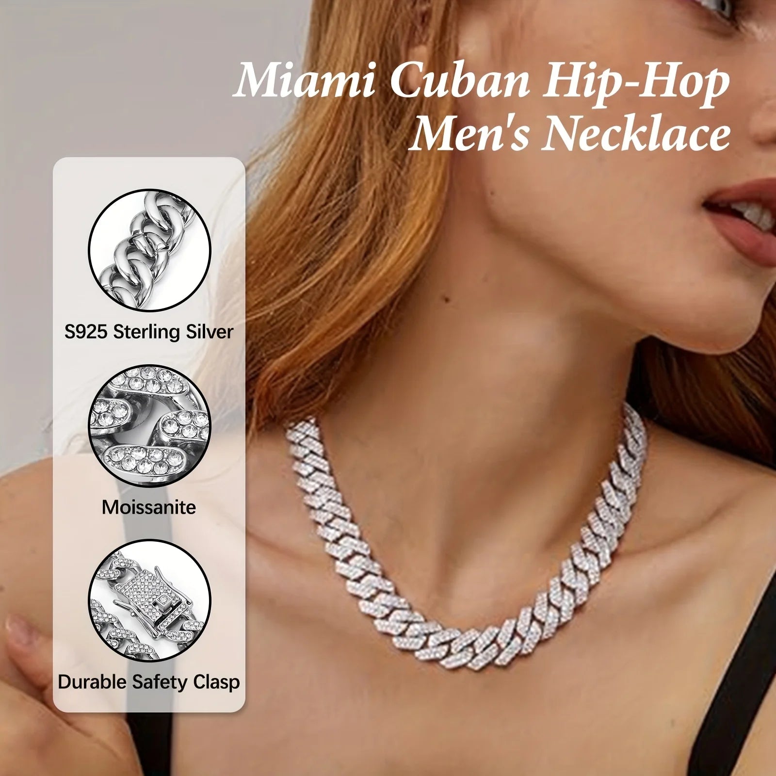 925 Silvery Bling Cuban Link Chain - Secure Pave-Set Bright Cut Moissanite, Trap Music-Inspired Hip Hop Rap, Couples Accessory