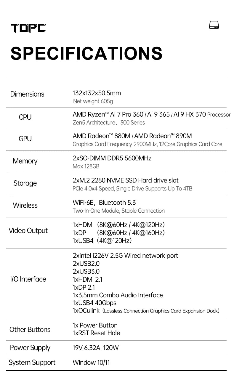 TOPC Mini PC Gamer Oculink AMD Ryzen AI 9 HX 370 365 7 PRO 360 USB4 2x2.5G 2xPCIe Desktop Gaming Computer NUC Windows11 WiFi6