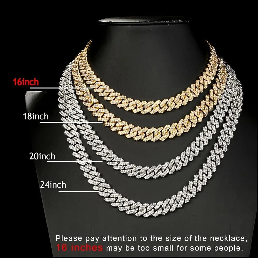 925 Silvery Bling Cuban Link Chain - Secure Pave-Set Bright Cut Moissanite, Trap Music-Inspired Hip Hop Rap, Couples Accessory