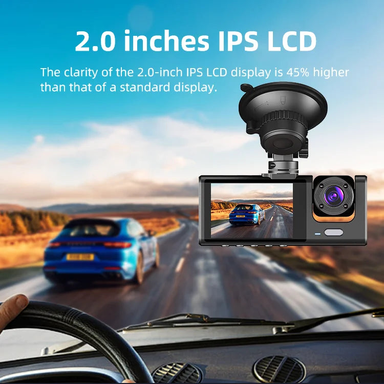 Dual Lens Black Box HD 720P Dashcam 3 Channel Vehicle DVR Dash Cam with LCD Screen Car Camcorder for In-Car Child Monitoring