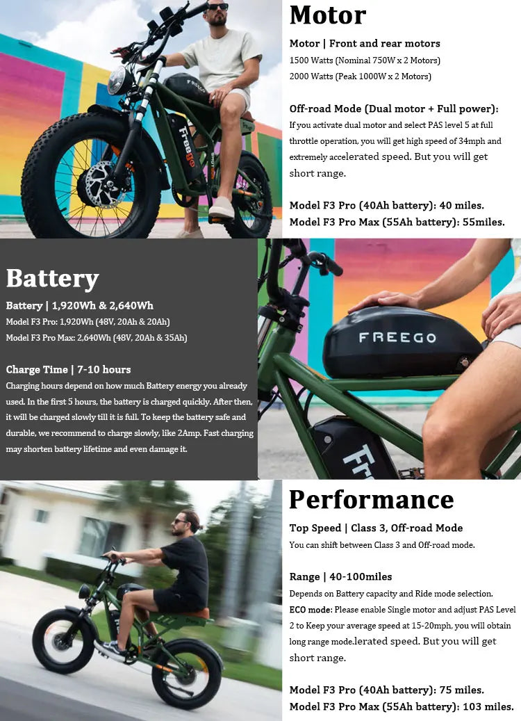 Freego F3 Pro Electric Dirt Bike 2000W Dual Motor 40AH Dual Hydraulic Brake Suspension 20x4 Fat Tires Off Road Electric Bike