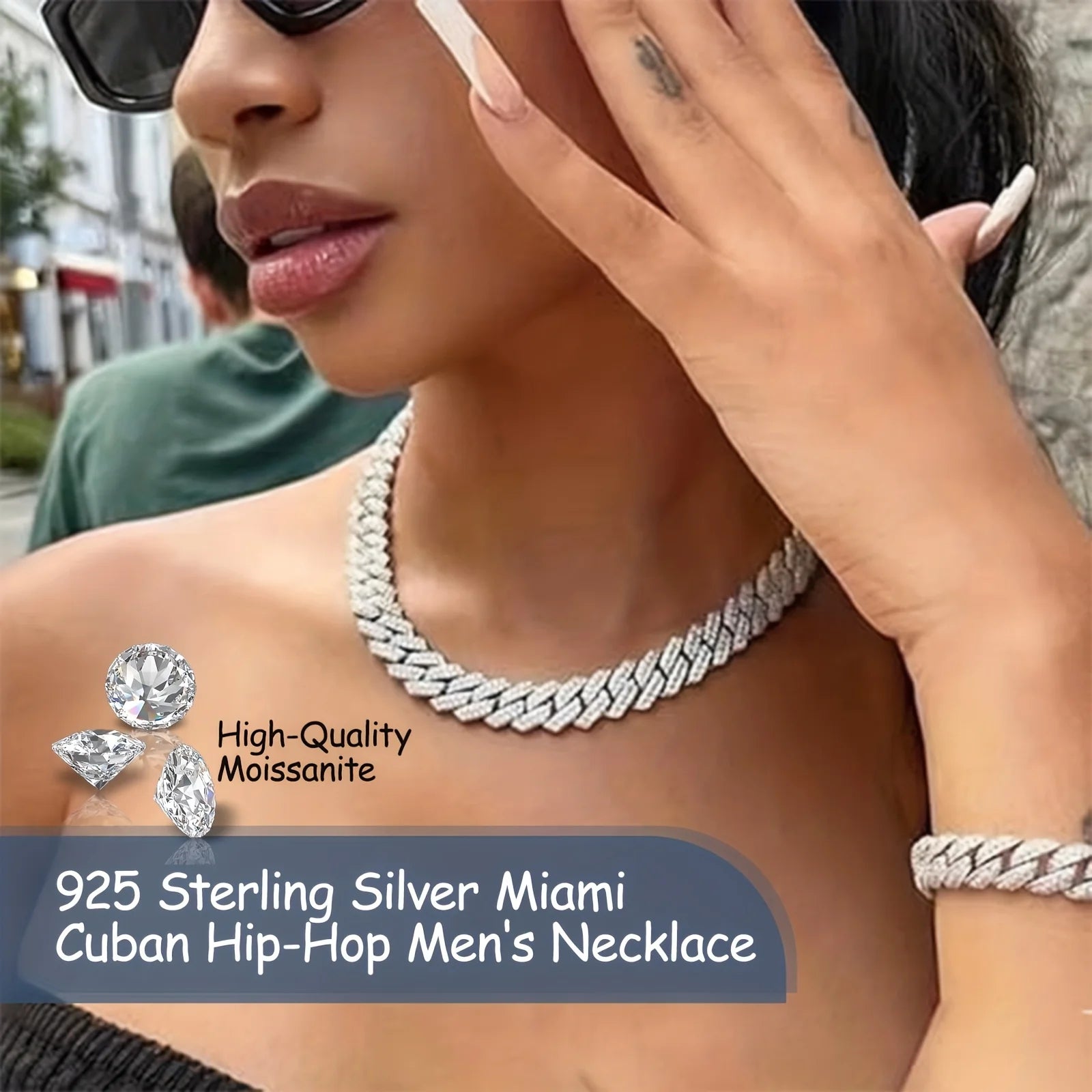 925 Silvery Bling Cuban Link Chain - Secure Pave-Set Bright Cut Moissanite, Trap Music-Inspired Hip Hop Rap, Couples Accessory