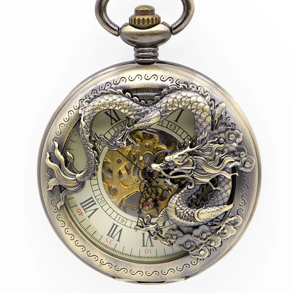 20pcs/lot Hollowed Mechanical Pocket Watch with Chain  Chinese Flying Dragon Pocket Watches Men Steampunk Gift Watches