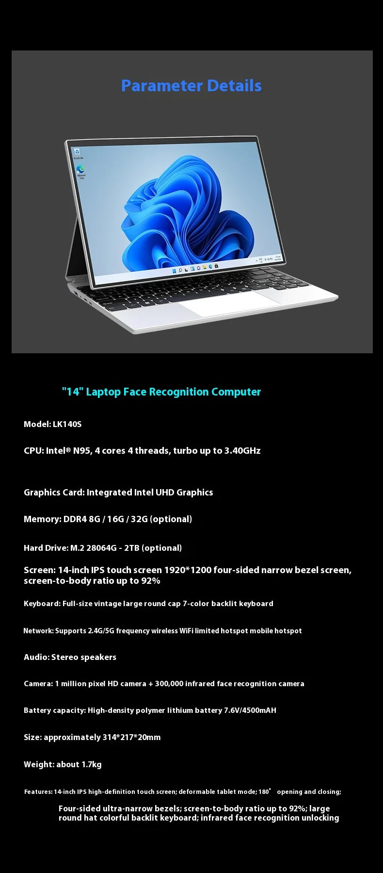 14-Inch Touchscreen 2-in-1 Slim Laptop PC Tablet  Intel N95 512G 256G 1TB for Cross-Border Business Office New US Plug Can OEM
