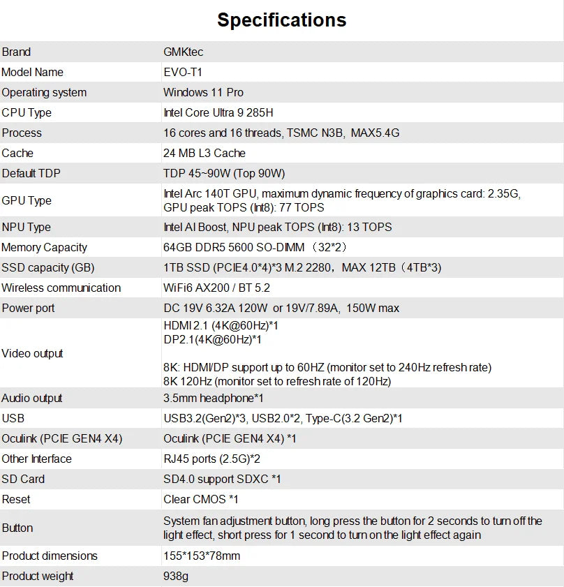 EVO-T1 Intel Core Ultra 9 285H Mini PC 16-core 16-thread 64GB DDR5 1TB SSD Gaming Computer PC with Intel AI Boost Mini PC
