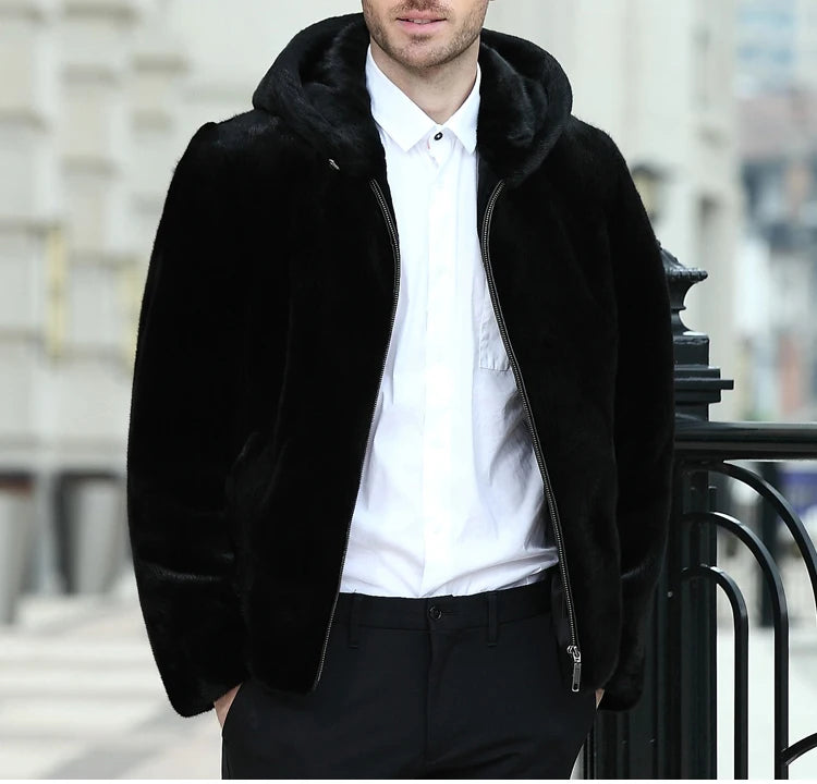 Real Men Mink Fur Coat With Hood Winter Warm Full Pelt Fur Classic Black Color Luxurious Thick Mens Coats 2023 Outwear Jacket