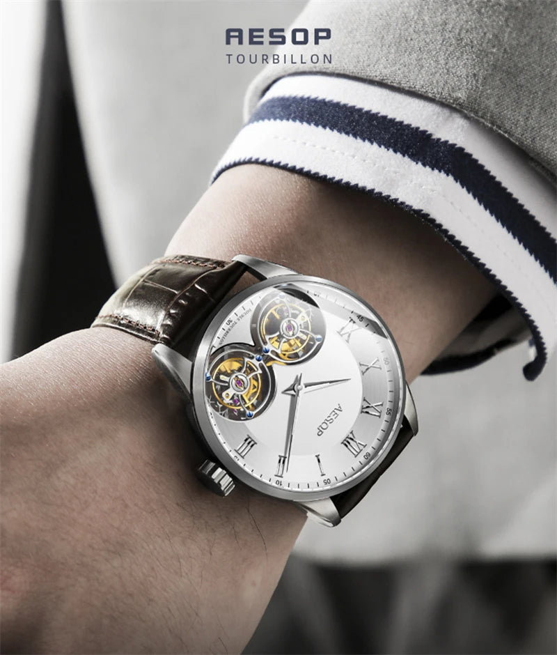 Aesop Men's Double Tourbillon Watch Hand Winding Movement Sapphire Business Fashion Male Mechanical Wristwatches Waterproof 2025