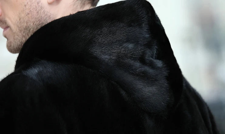 Real Men Mink Fur Coat With Hood Winter Warm Full Pelt Fur Classic Black Color Luxurious Thick Mens Coats 2023 Outwear Jacket