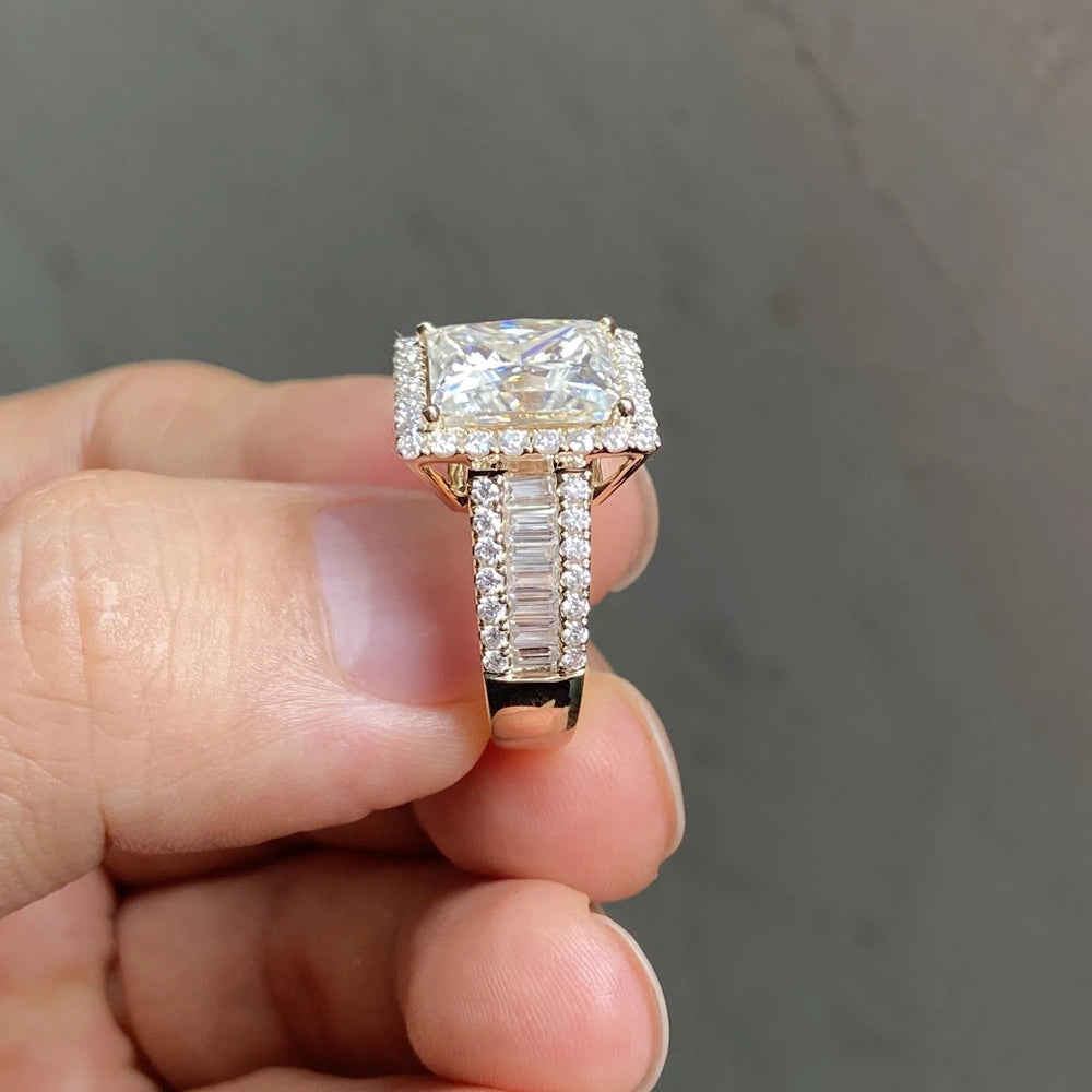 Man Ring Soild 14K Yellow Gold 10x10mm 6 Carats Princess Cut VVS1 D Moissanite Diamond Wedding Ring