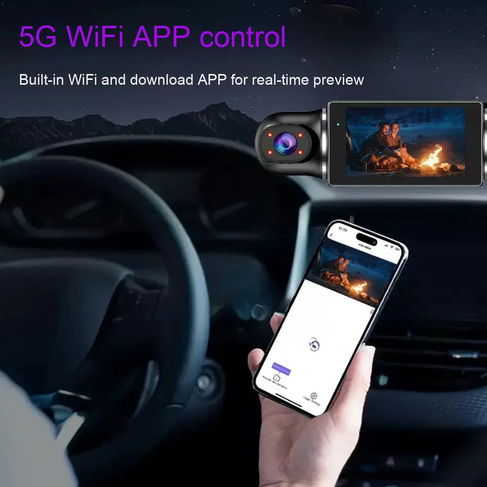 3-Inch HD 1080P IPS Screen Dash Cam 360° 360-degree WiFi Car Mount Video Recorder for In-Car Outdoor Front Rear Left Recording