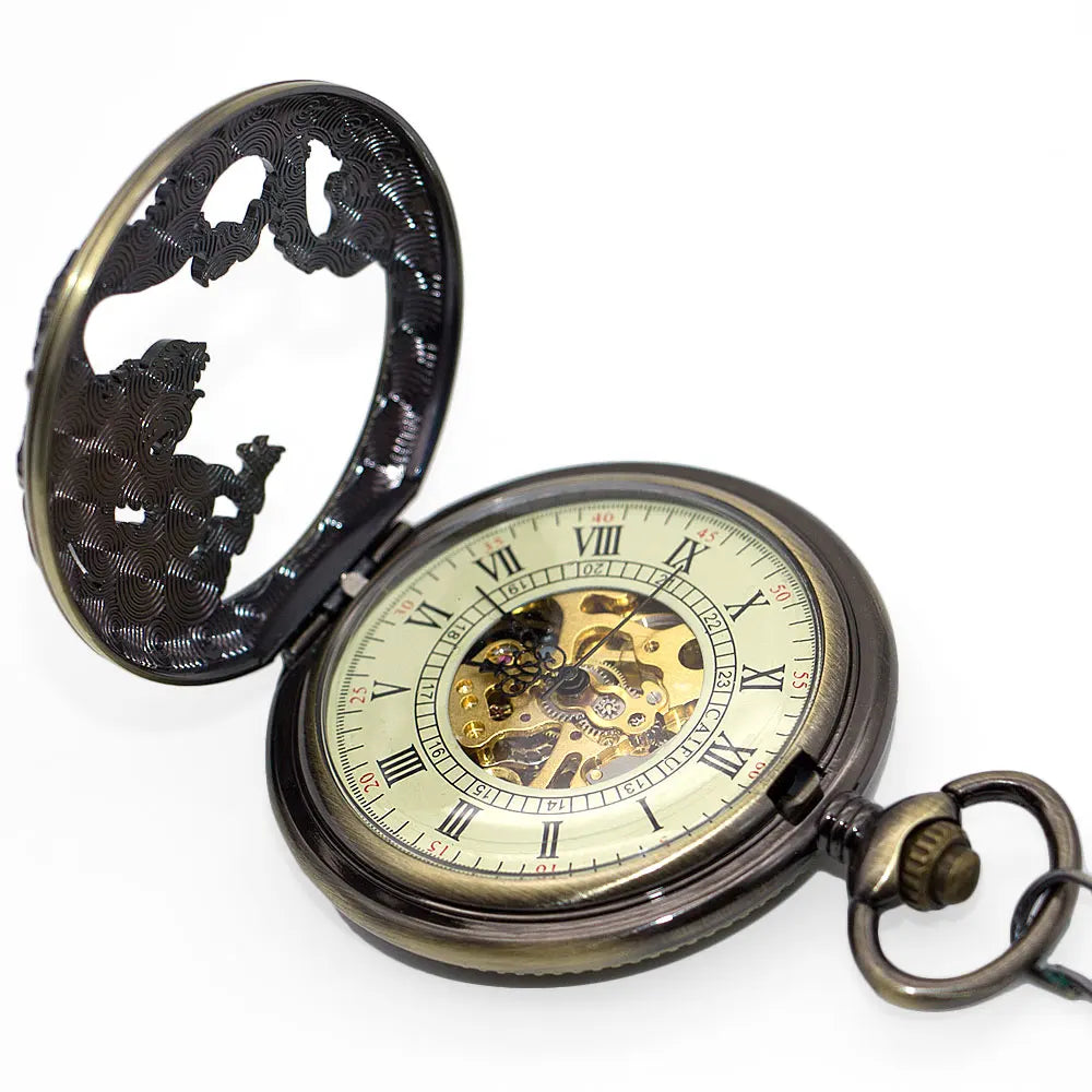 20pcs/lot Hollowed Mechanical Pocket Watch with Chain  Chinese Flying Dragon Pocket Watches Men Steampunk Gift Watches