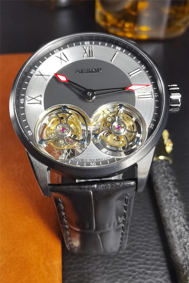 Aesop Men's Double Tourbillon Watch Hand Winding Movement Sapphire Business Fashion Male Mechanical Wristwatches Waterproof 2025