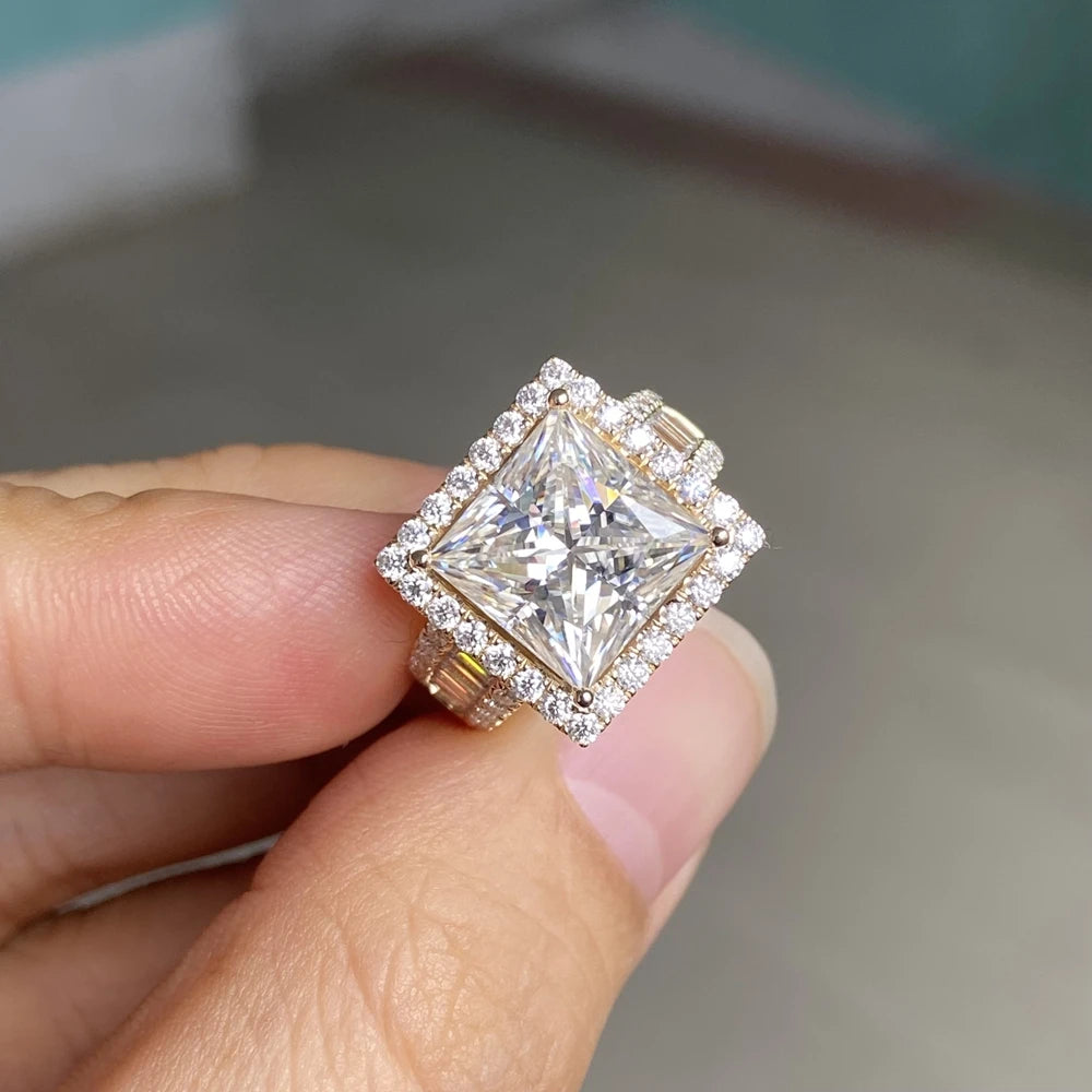 Man Ring Soild 14K Yellow Gold 10x10mm 6 Carats Princess Cut VVS1 D Moissanite Diamond Wedding Ring