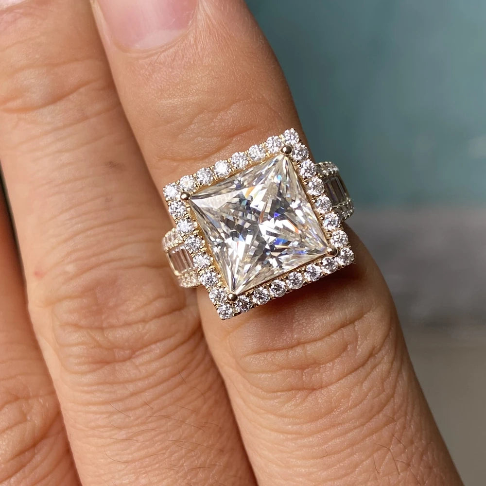 Man Ring Soild 14K Yellow Gold 10x10mm 6 Carats Princess Cut VVS1 D Moissanite Diamond Wedding Ring