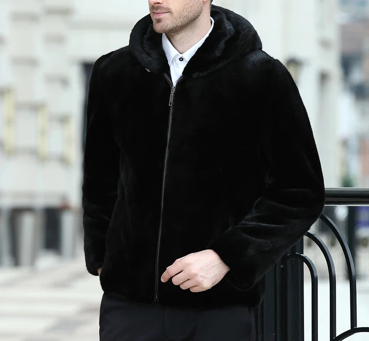 Real Men Mink Fur Coat With Hood Winter Warm Full Pelt Fur Classic Black Color Luxurious Thick Mens Coats 2023 Outwear Jacket