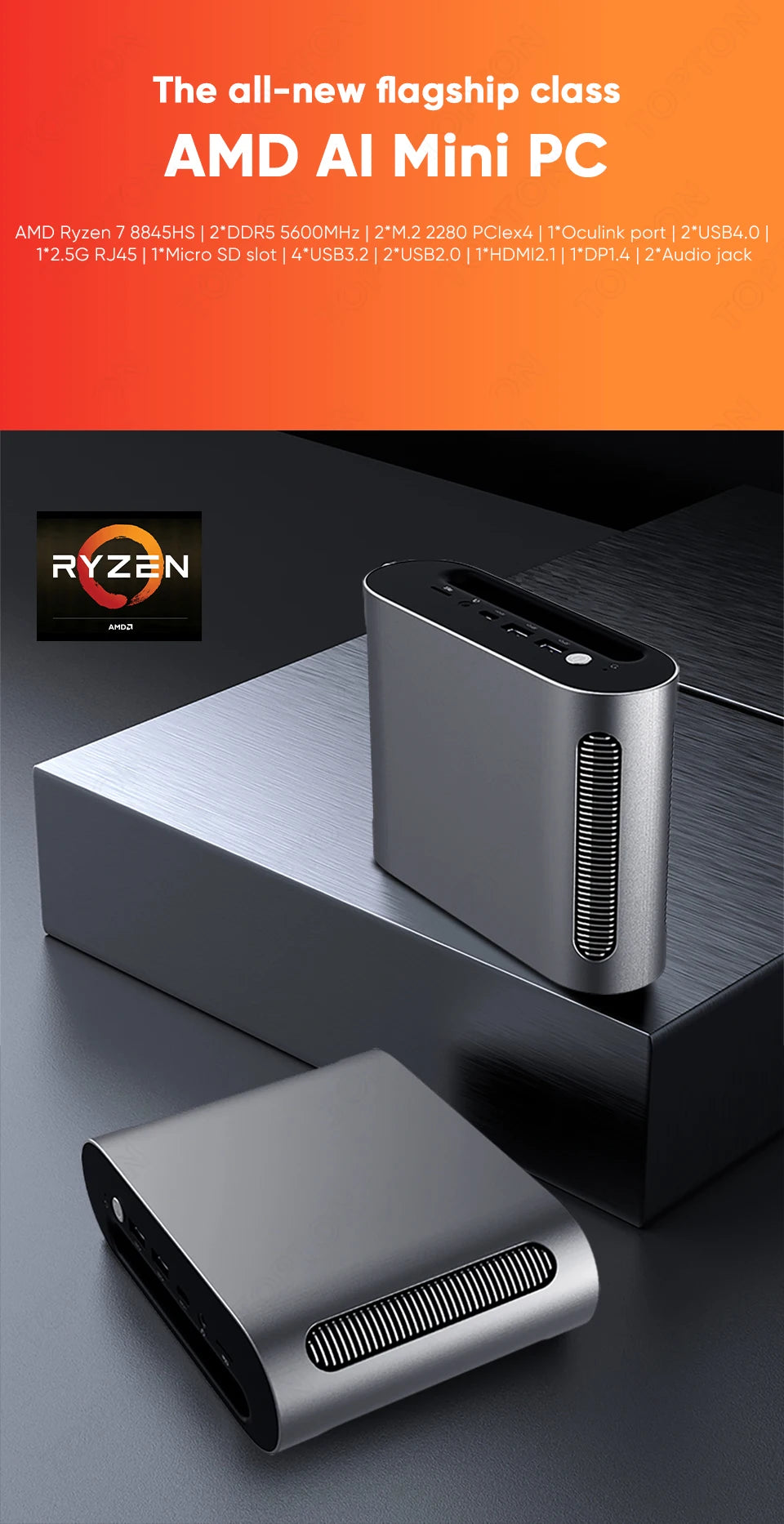 TOPTON AMD AI Mini PC R7 8845HS Oculink 2*USB4.0 2*M.2 PCIe 2*DDR5 5600 2.5G LAN Mini Gaming PC 8K Desktop Computer WiFi6