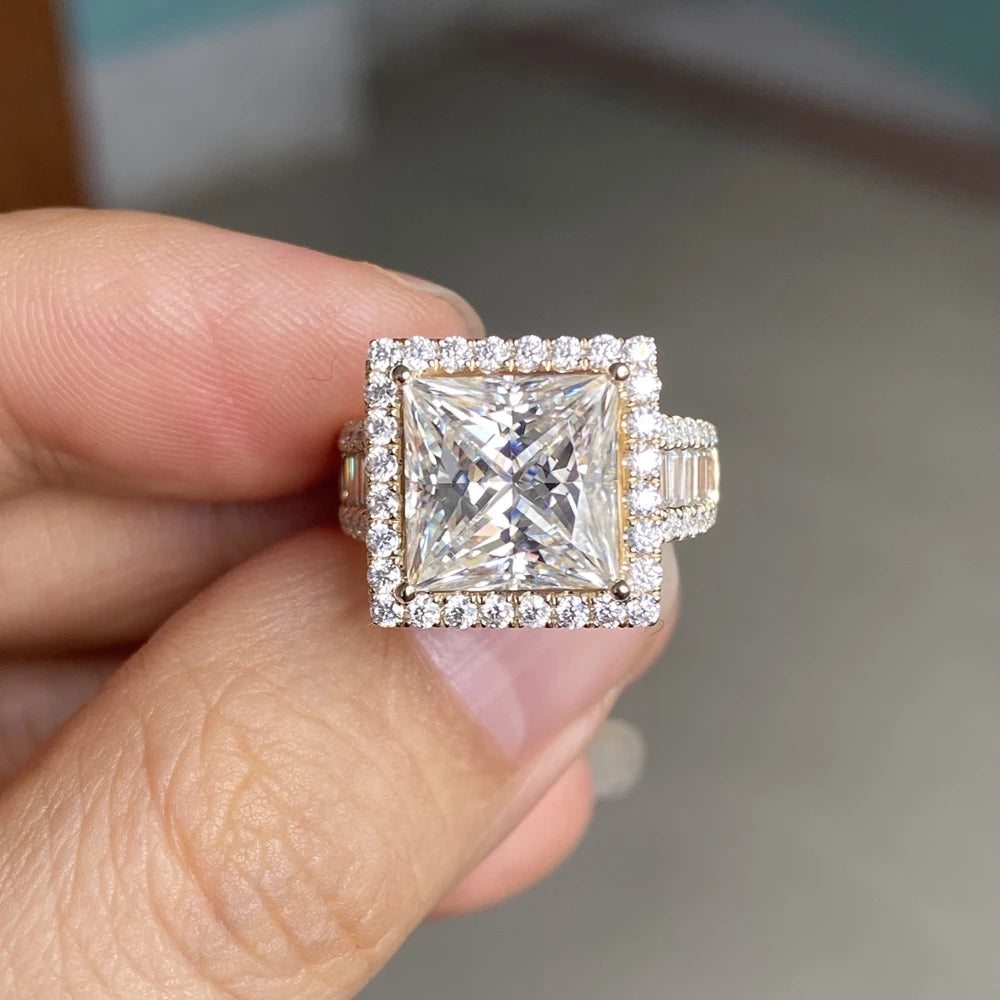 Man Ring Soild 14K Yellow Gold 10x10mm 6 Carats Princess Cut VVS1 D Moissanite Diamond Wedding Ring