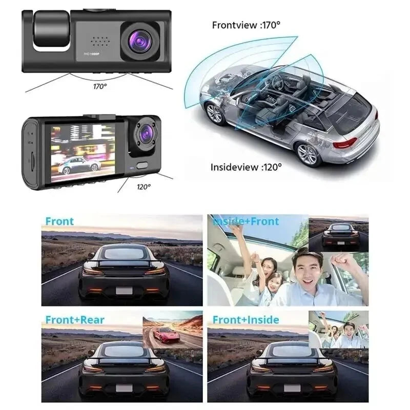 3 Lens Full HD 1080P Dashcam 3 Channel Vehicle DVR Dash Cam with LCD Screen Black Box Car Camcorder for Video Recording