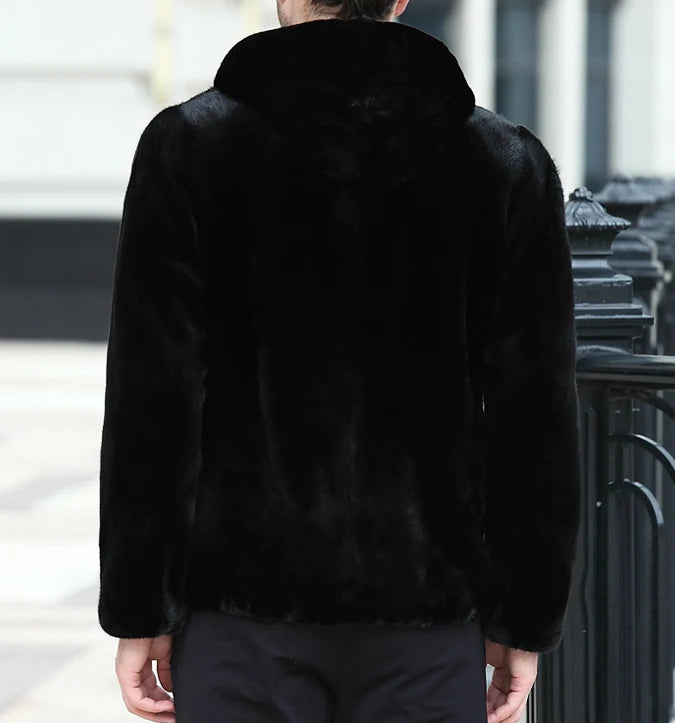 Real Men Mink Fur Coat With Hood Winter Warm Full Pelt Fur Classic Black Color Luxurious Thick Mens Coats 2023 Outwear Jacket
